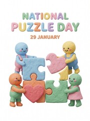Naklejka premium Cute clay illustration of colorful characters assembling puzzle pieces for National Puzzle Day