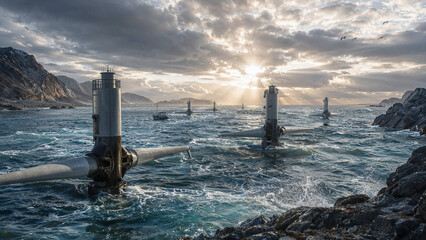 Naklejka premium Waves crash against sea turbines in a coastal area during sunset with clouds and rocky shores in the background