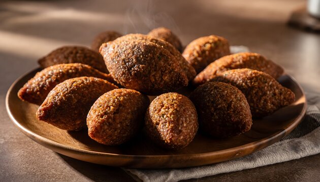 Deliciously golden brown fried kibbeh served on a rustic wooden plate, a popular Middle Eastern appetizer dish
