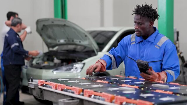 Auto technician in blue workwear testing electric car battery modules with a multimeter in a service workshop, while coworkers handle inspection paperwork near a vehicle with open hood.