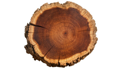 Obraz premium Rough bark tree stump cross-section with visible growth rings, isolated on transparent background