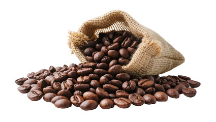 Fototapeta premium Roasted coffee beans spilling from a burlap sack, isolated on transparent background