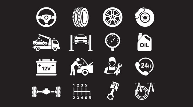 Car, automotive, repair, service icons, 16 symbols, white on black, vehicle maintenance