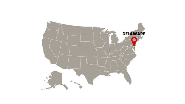 United States map with Delaware state highlighted in green and marked with a red location pin