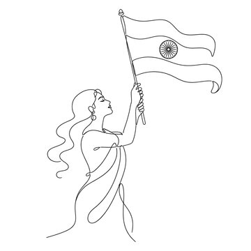 Minimalist single line art of woman holding Indian flag