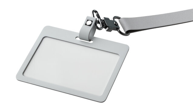Gray plastic badge holder with metal clip and lanyard, isolated on transparent background