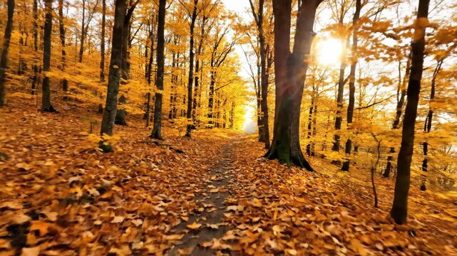 Sunny autumn forest path with vibrant golden leaves