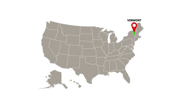United States map with Vermont state highlighted in green and marked with a red location pin