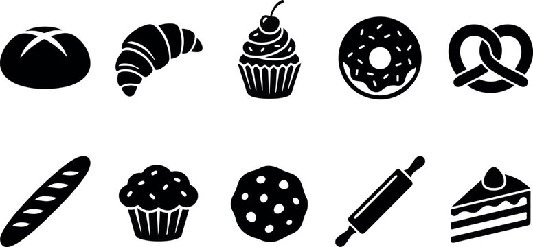 Black silhouette pastry icons set bread croissants cupcakes donuts and cake illustrations for bakery design