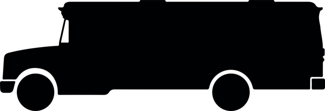 Black silhouette of a step van with white wheels ideal for branding and vehicle graphics
