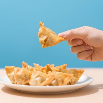 4k high quality Ai generative HD photo realistic background wallpaper food fried hand holding pangsit goreng wonton dumpling pate piring meal snack gyoza mandu pick