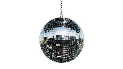 Silver disco ball with mirrored squares hanging from chain, isolated on transparent background