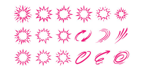 Set of pink comic book explosion star shapes and motion speed lines for graphic design elements ©  creative  marlia