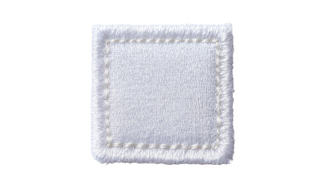 White embroidered square fabric patch with stitched border, isolated on transparent background