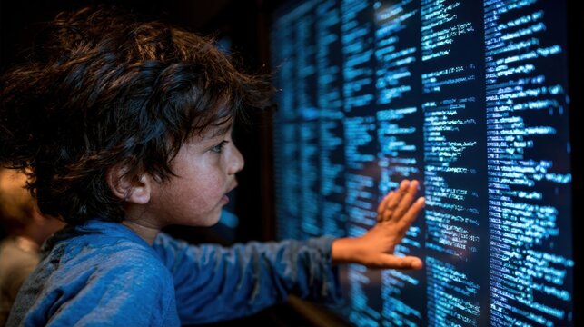 Child viewed from the side engages with a large interactive display of glowing blue code
