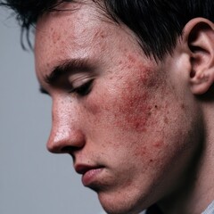 Fototapeta premium Profile view of a young man with severe facial acne and skin irritation