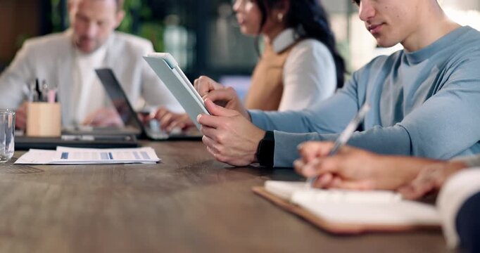 Business, man and review in meeting with tablet, research and finance report for accounting. Male person, team and reading in office with digital, schedule update and information for financial audit