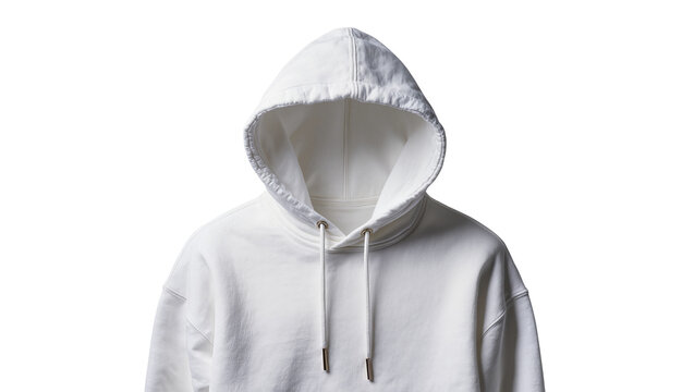 Plain white hooded sweatshirt with drawstring and metal aglets, isolated on transparent background