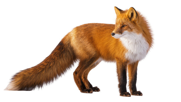 Red fox with bushy tail and white chest, isolated on transparent background