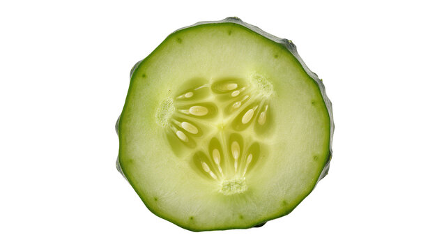 Fresh green cucumber slice with visible seeds and pulp, isolated on transparent background