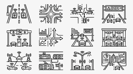 Fototapeta premium Creative Black and White Line Icons Set Featuring Smart Traffic Parking and Urban Infrastructure Systems