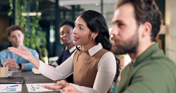Sustainable, meeting or woman in office with discussion, esg growth pitch or review on green operations. Talking, team or csr analyst with plan, conservation proposal or feedback on ethical strategy.