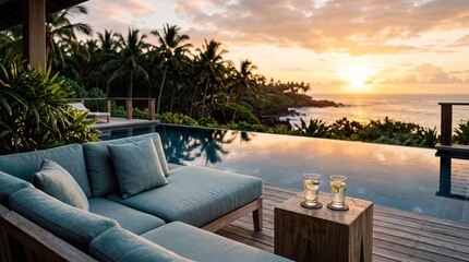 Fototapeta premium Luxury Infinity Pool Lounge with Ocean Sunset at Tropical Beach Resort