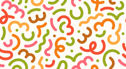 Abstract doodle lines pattern. Seamless curvy funky shapes, festive scribbles on endless background. Repeating print with curves and curls, texture for wrapping design. Flat vector illustration