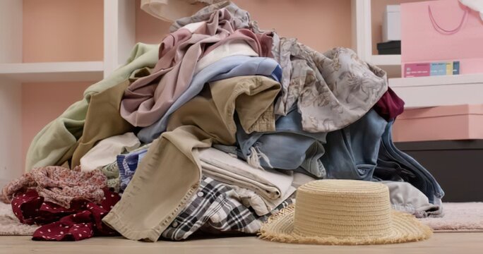 Clothes pile with hats on a bedroom floor