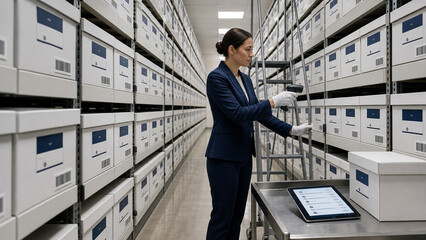 Fototapeta premium Professional woman uses a barcode scanner to manage archive boxes in a clean records storage warehouse with tablet and shelving.