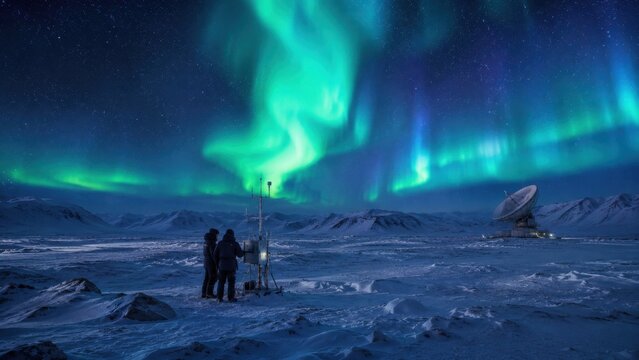 Natural light show occurs in the Arctic as two people observe the northern lights above a satellite dish in the night sky