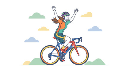 Fototapeta premium Woman riding bicycle with arms raised in celebration on a sunny day outdoors