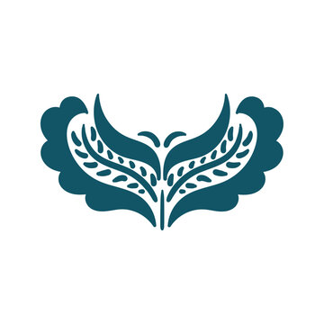 Dark teal symmetrical floral ornament with stylized wings inspired by traditional batik patterns