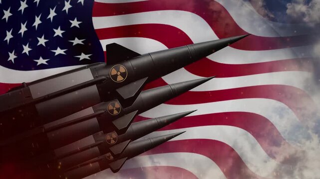 Nuclear missiles launching in motion against an American flag background video footage