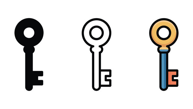 Three different colored keys on a white background  simple icons