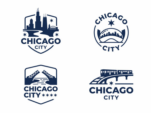 Set of chicago city logos with iconic landmarks and skyline silhouettes