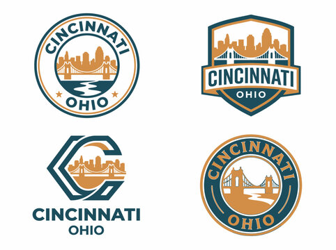 Set of cincinnati ohio city logos with skyline and bridge illustrations