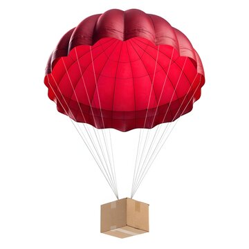 Red parachute carrying cardboard box package. Delivery logistics and fast shipping solutions. Airborne cargo flying smoothly down isolated on a clean white background