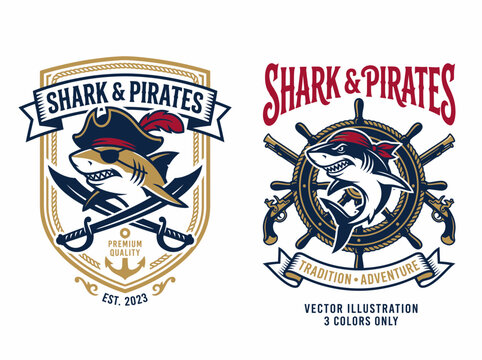 Shark and pirates vintage emblem set with shark character
