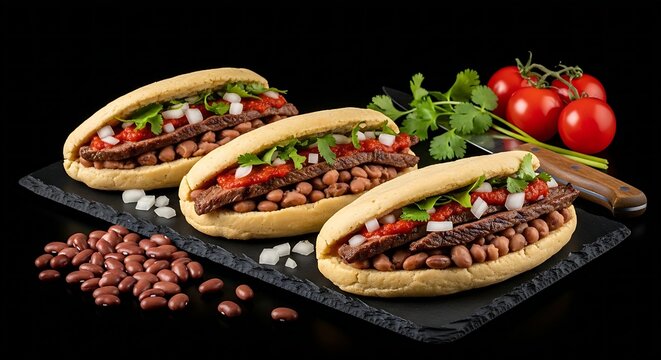  thick, oblong Huaraches placed on a dark stone slab. The sandal-shaped masa dough bases are stuffed with smashed pinto beans, fried until crisp, and layered with tender grilled carne asada steak stri