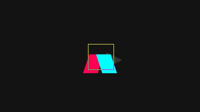 Minimalist motion graphics of colorful geometric shapes and a yellow square outline on a dark textured background