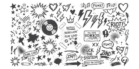 Set of hand drawn punk rock music doodle elements with vinyl record cassette tape and speech bubbles ©  creative  marlia