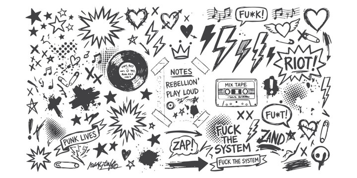 Set of hand drawn punk rock music doodle elements with vinyl record cassette tape and speech bubbles