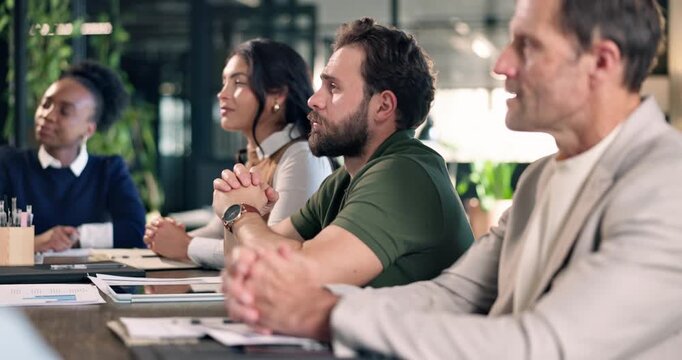 Training, team or man in office with understanding, growth session or presentation on green strategy. Flare, group or csr advisor with meeting, employee learning or workshop on sustainable operation.