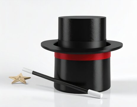 Black top hat with red band, magic wand, and golden star on white