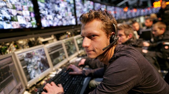 Security control room operator monitoring surveillance screens