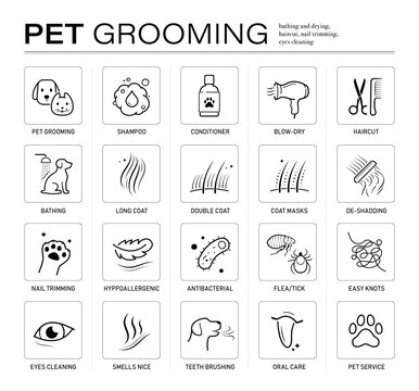 Pet grooming icon set for dog and cat care. The outline vector icons are well scalable and editable for packaging label design. Great for infographic for different backgrounds. EPS10.