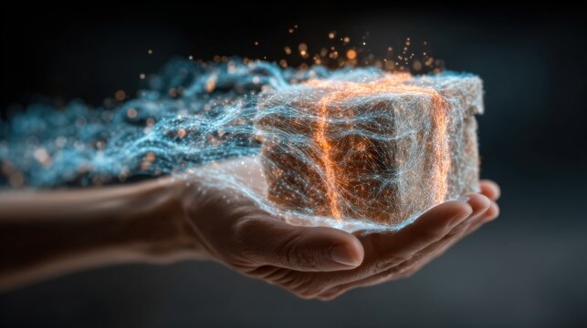 A hand holds a mysterious cube that emanates glowing particles and energy, suggesting innovation and discovery. ..Created with Generative AI, not depicting real subjects.
