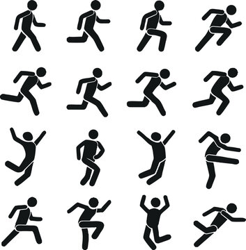 Human People Action Silhouette Icon Set &ndash; Walking, Running, Jumping, Movement Activity Pictogram Symbols Isolated on Transparent Background