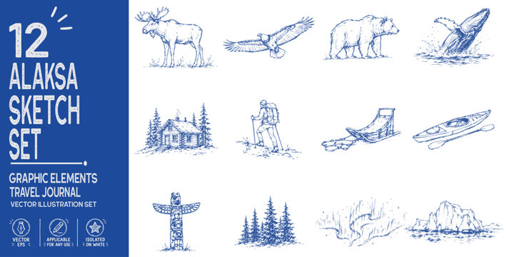 Alaska travel journal collection. Hand drawn wilderness and wildlife elements. Brown bear, moose, totem pole, glacier, northern lights. Sketch vector set